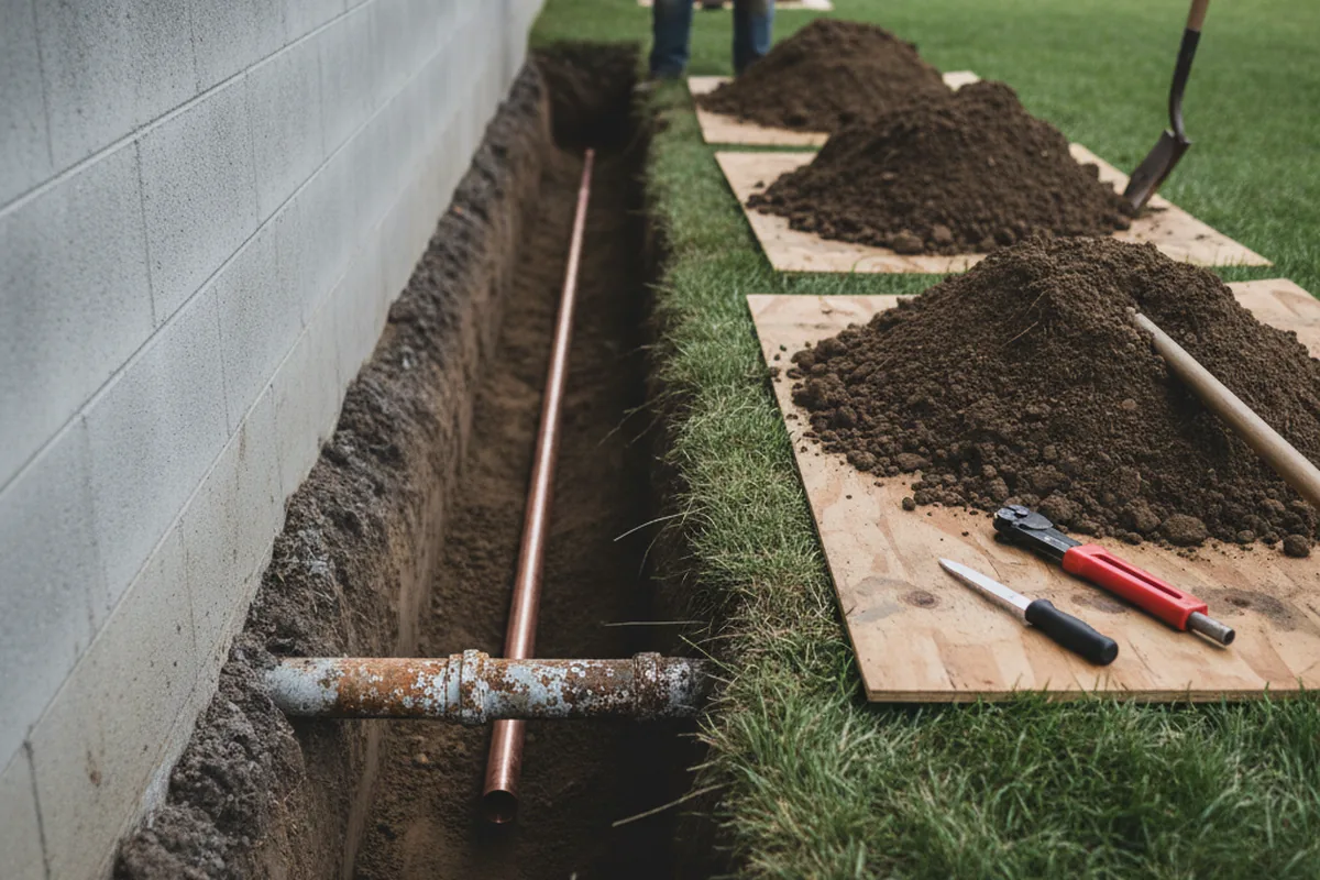 Excavated water line trench during Sewer Line Repair in Thorndale